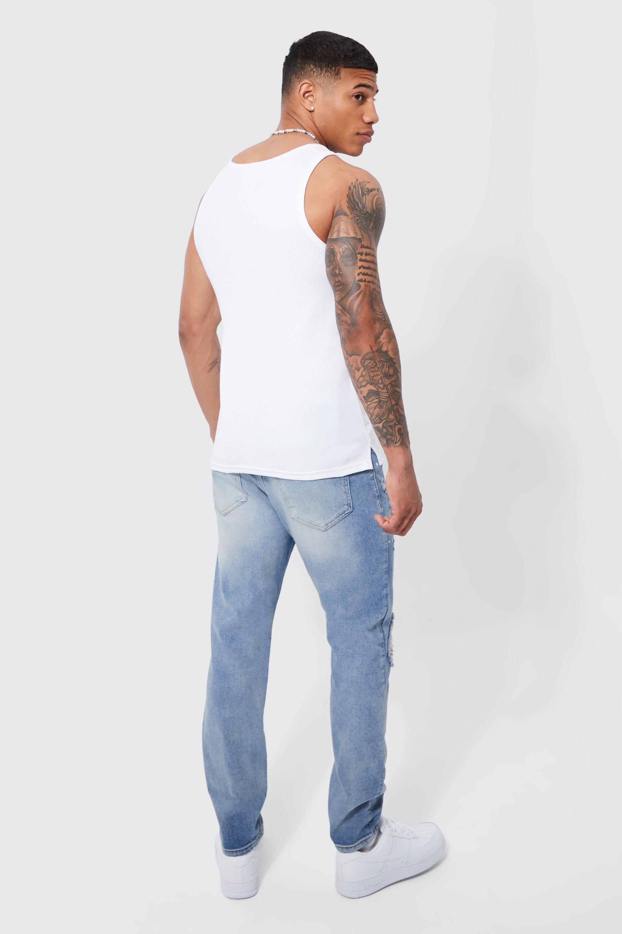 Slim Fit Rip & Repair Paint Splatter Jeans | boohoo USA